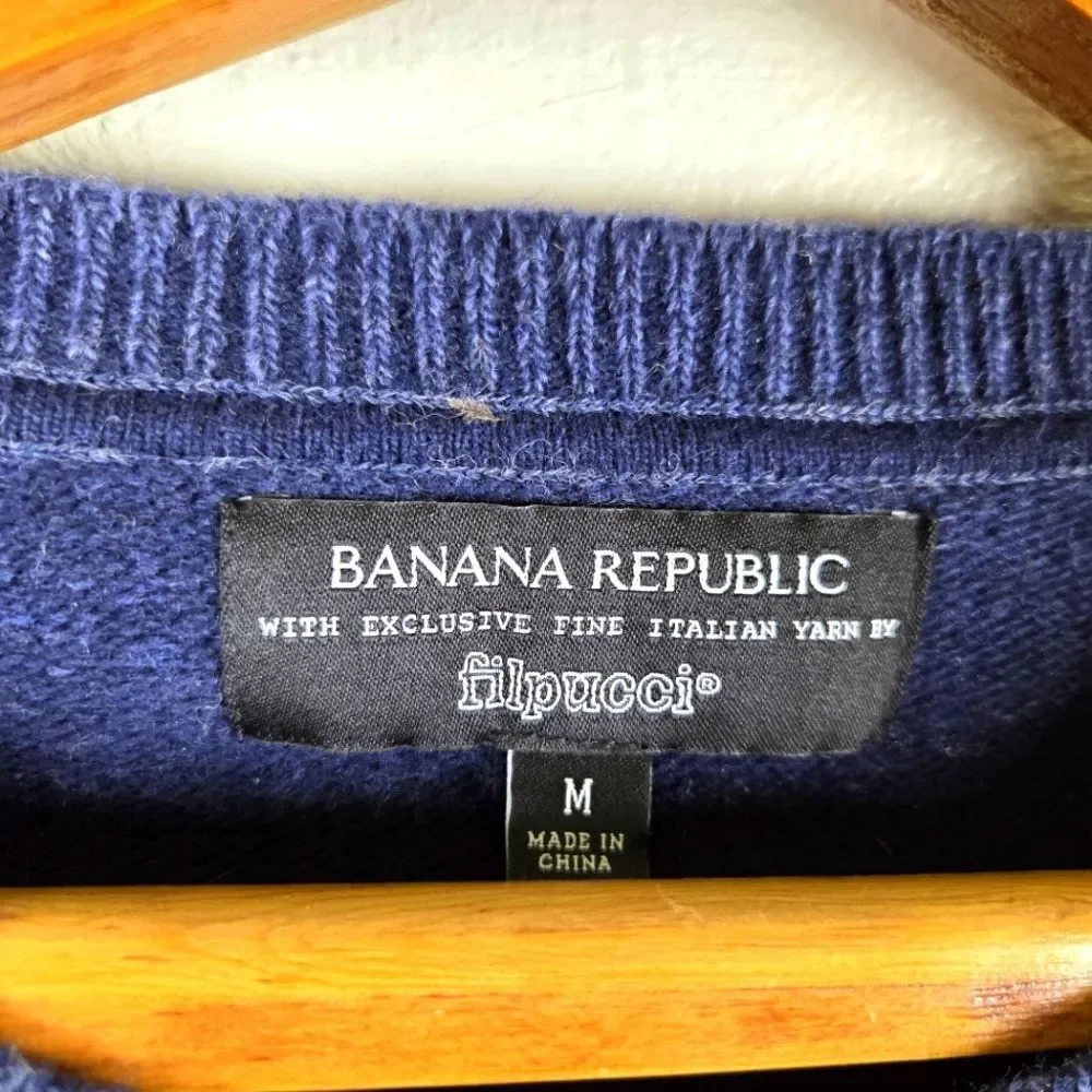 Men's Banana Republuc Blue Striped Fine Italian Merino Wool Pullover Sweater MED